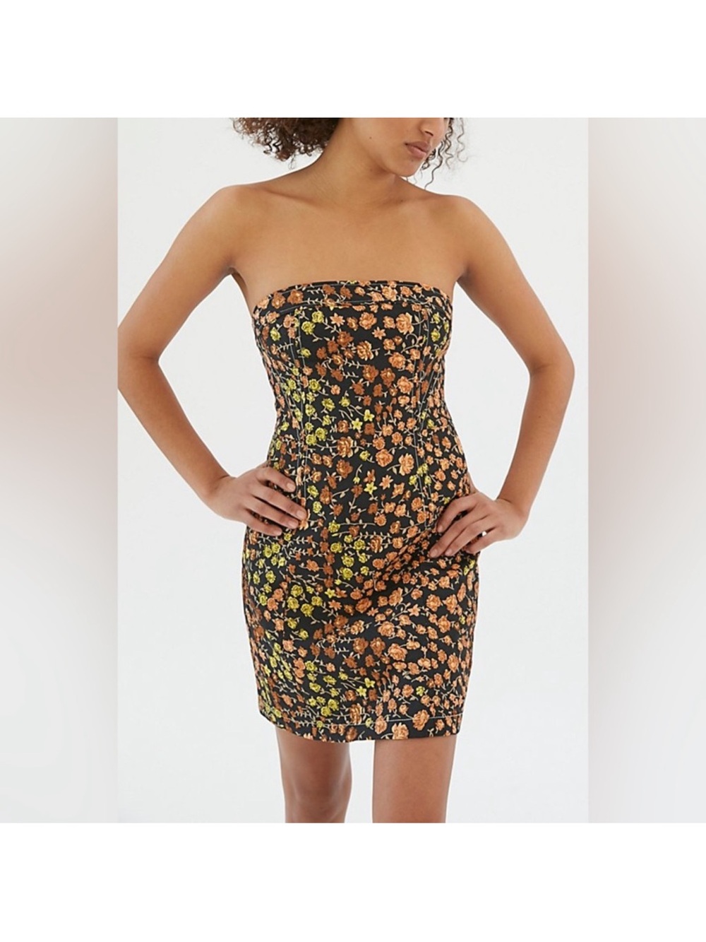 Urban Outfitters Black Strapless Mini Dress with Orange & Green Floral Print